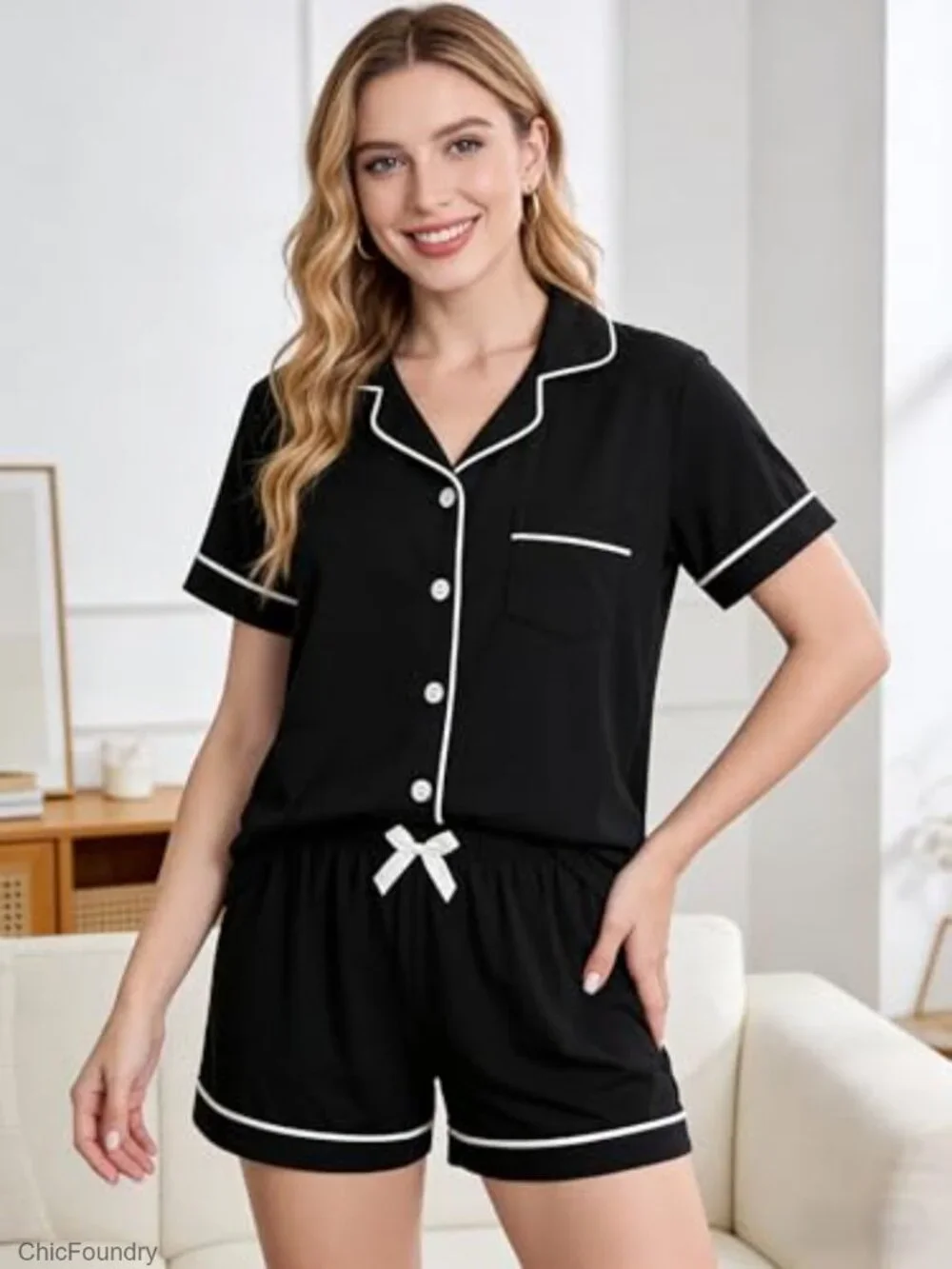 100% Cotton Pajama Set Short Sleeve Shorts Lounge Sleepwear - Picture 2 of 7